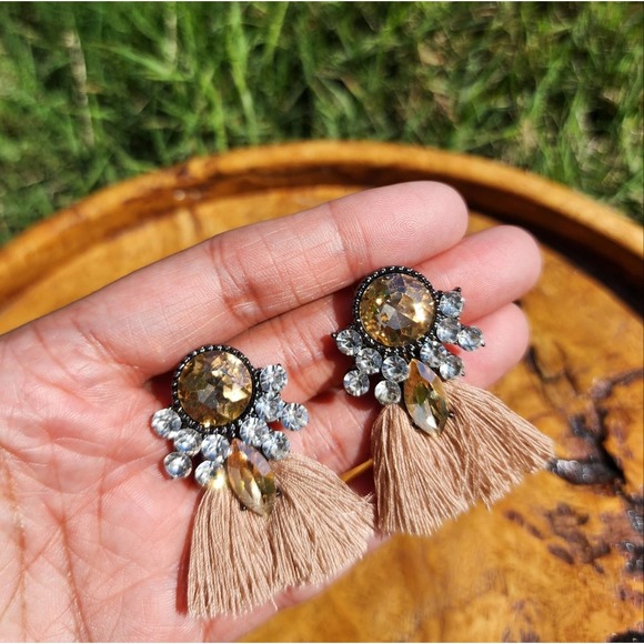 Mini Crystal Tassel Earrings Resin Silk Bohemian Brown Vintage Style Jewelry - Picture 4 of 5